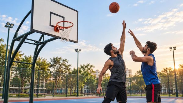 Two players at an outdoor basketball hoop