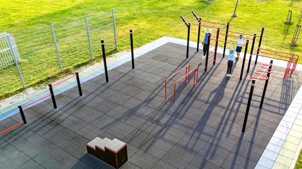 An outdoor calisthenics park seen from above
