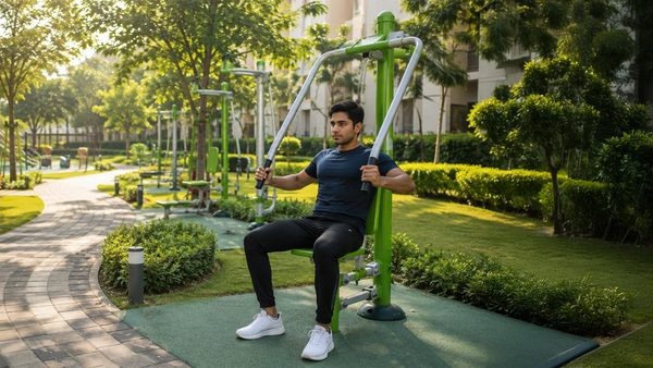 A man on an outdoor gym station beside a garden path