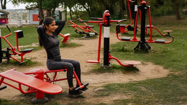 A woman on outdoor fitness equipment