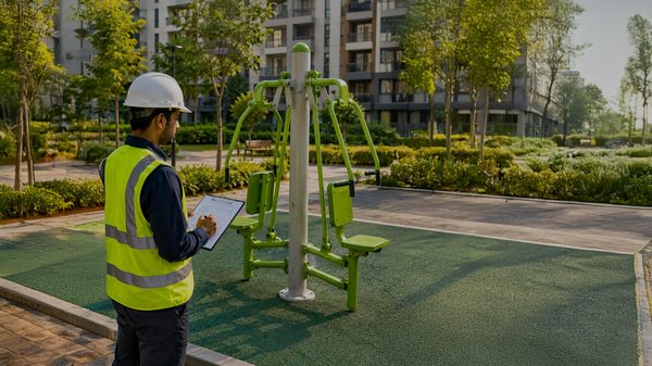An inspector checking outdoor gym equipment