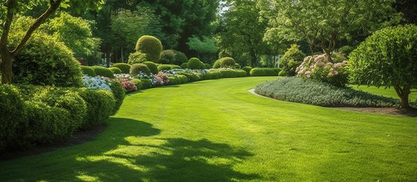 A landscaped lawn with shrubs and trees