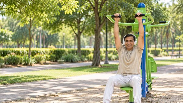 A man on an outdoor chest press in a park