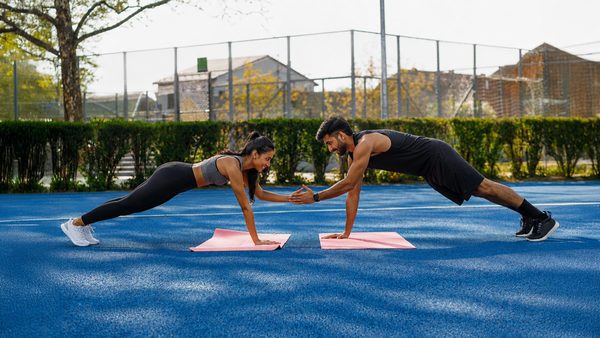 Two people exercising on a blue sports surface