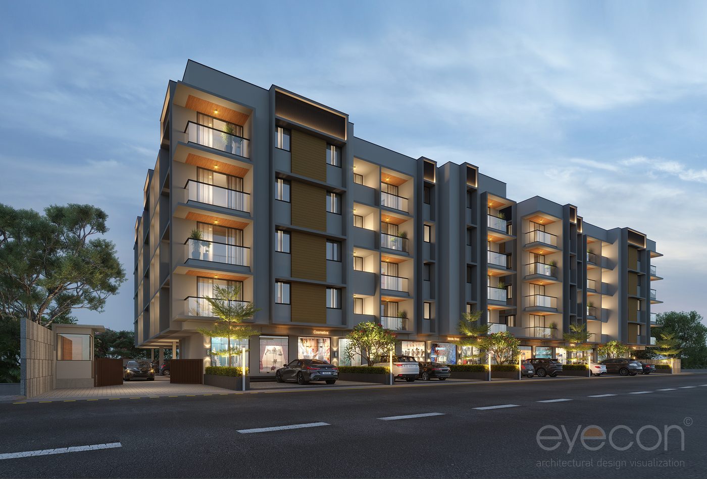 Shivalik Sankul at dusk seen from the road, grey wings with wood-lined balcony soffits over a lit row of shops, architect's render