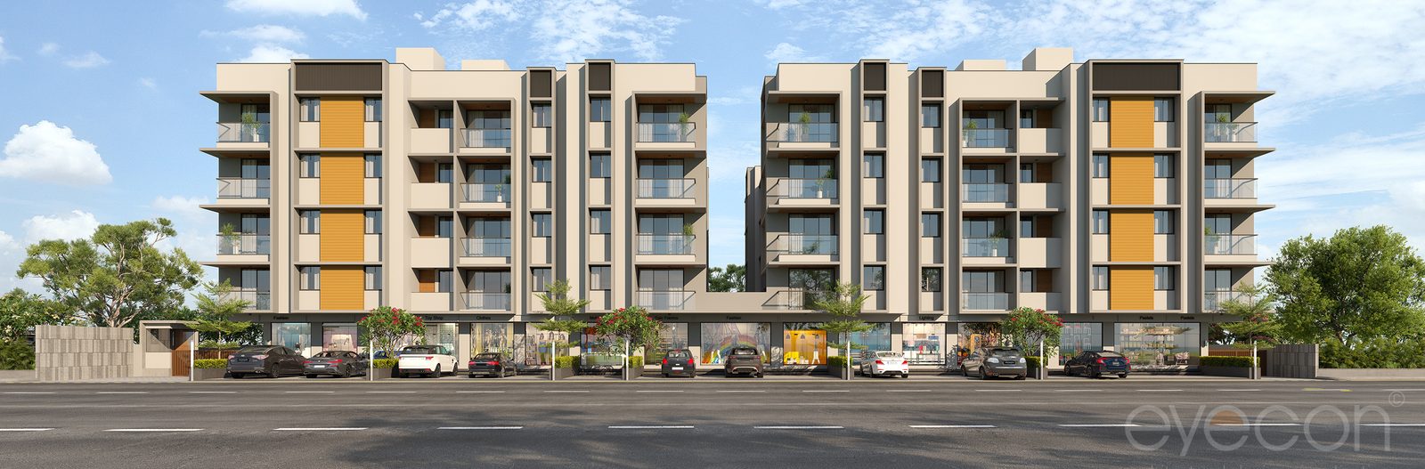 Shivalik Sankul from the front in daylight, two cream and grey blocks with ochre panels above a continuous row of shops, architect's render