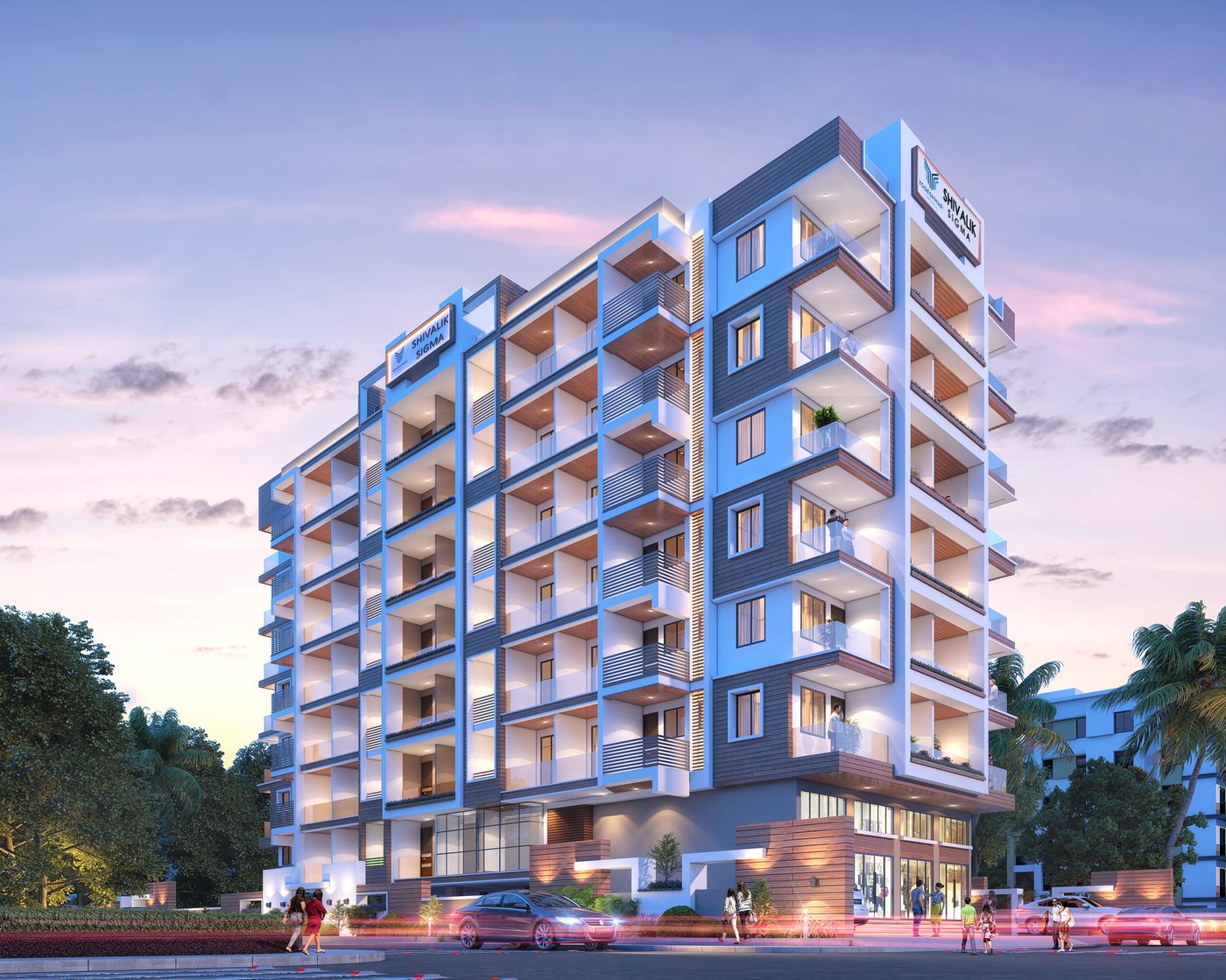 Shivalik Sigma at dusk, a white residential tower with grey and wood-toned panels and deep balconies above ground-floor shops, architect's render