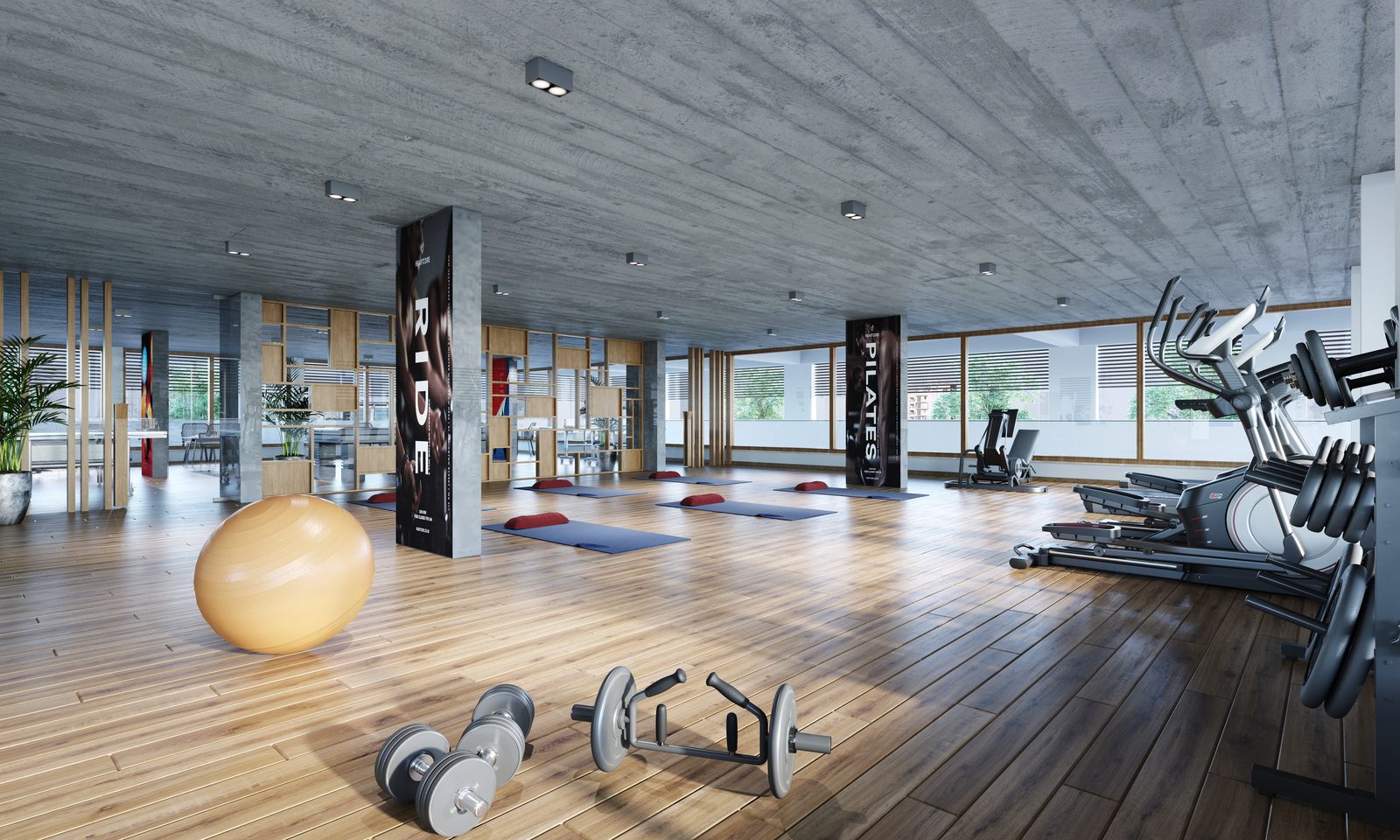 Gym at Shivalik Skypark with cardio machines, weights and exercise mats, architect's render