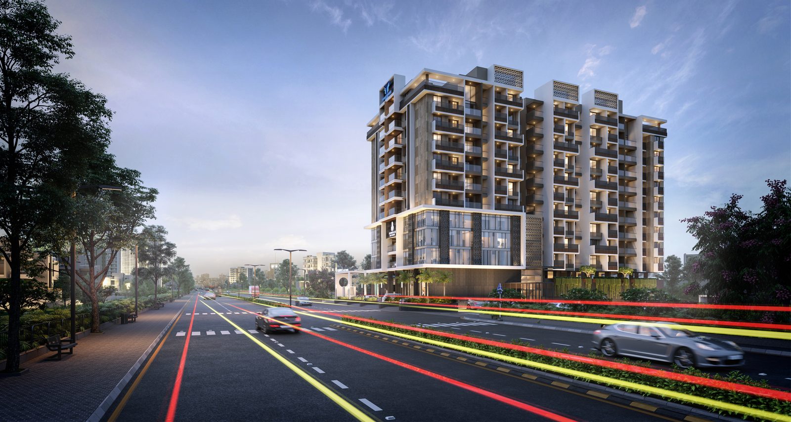 Shivalik Skypark at dusk beside the main road, architect's render