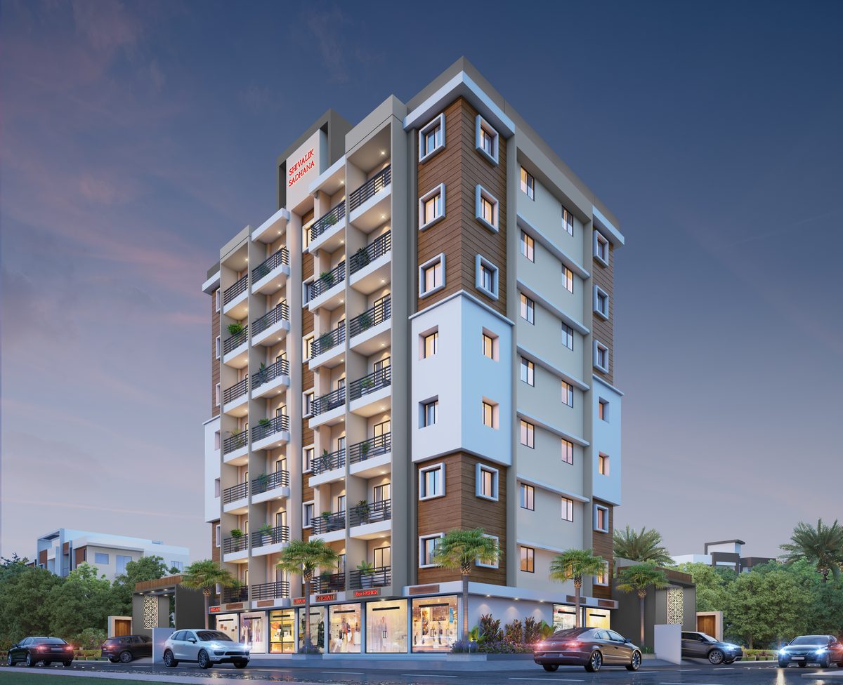 Shivalik Sadhana at dusk from the street corner: the building's two faces with balconies and timber cladding above shops and a planted corner, architect's render