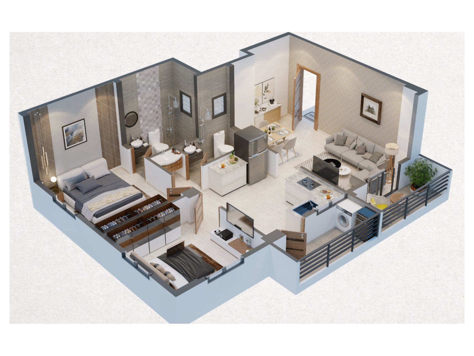 Furnished isometric view of a 2 BHK home at Shivalik Sadhana, with hall and dining, kitchen, two bedrooms, two toilets and a balcony, as printed in the brochure