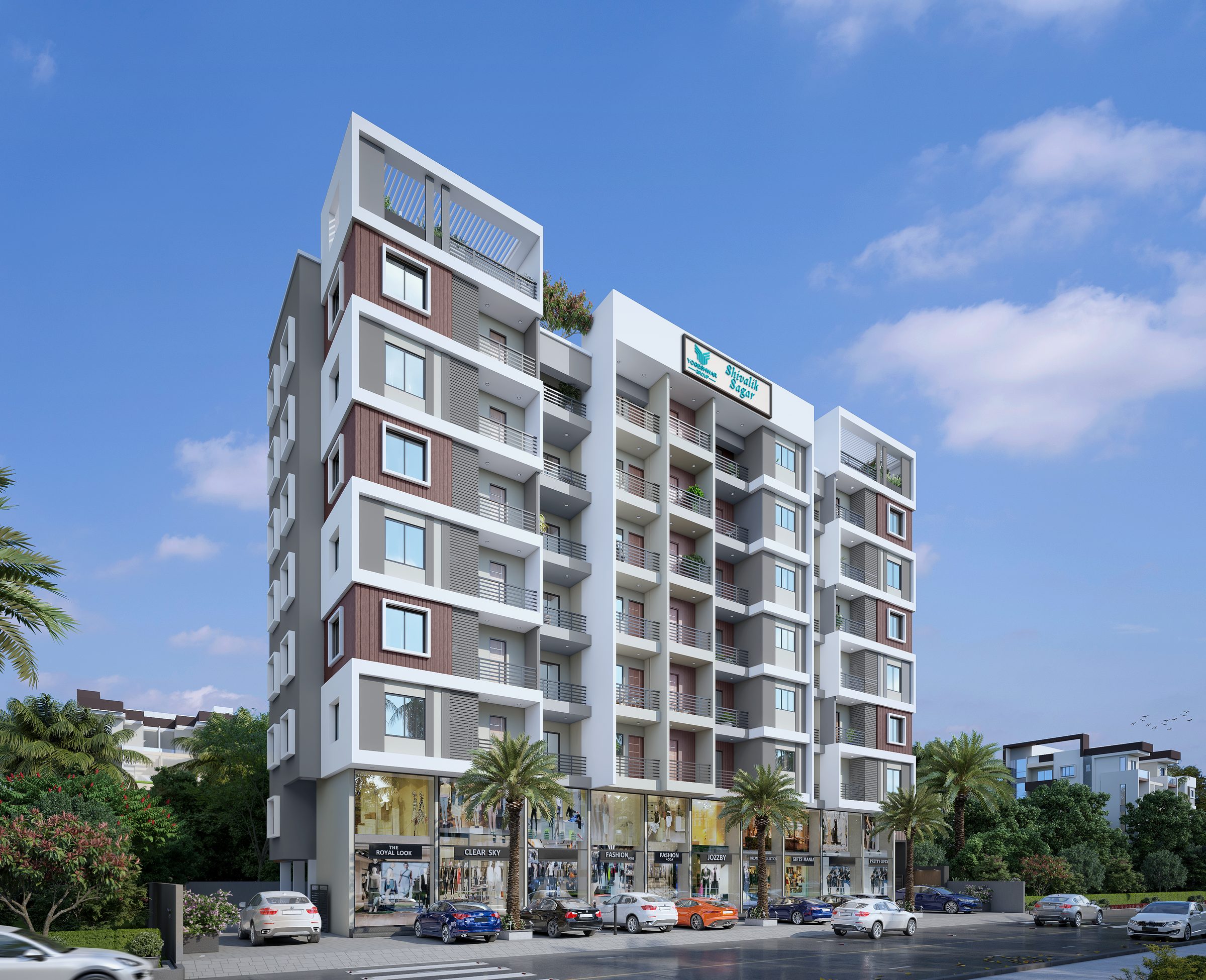 Shivalik Sagar by day: a white, grey and brown residential building with balconies, above a glazed row of shops with palms and parked cars in front, architect's render