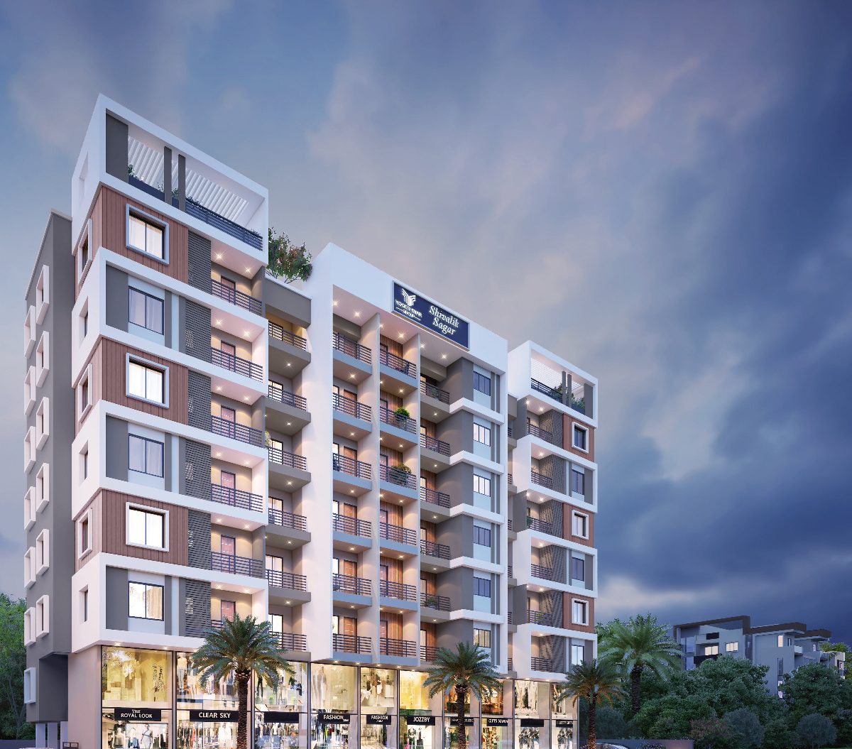 Shivalik Sagar seen from the side at dusk, its brown-panelled end wing rising above the lit shopfronts, architect's render