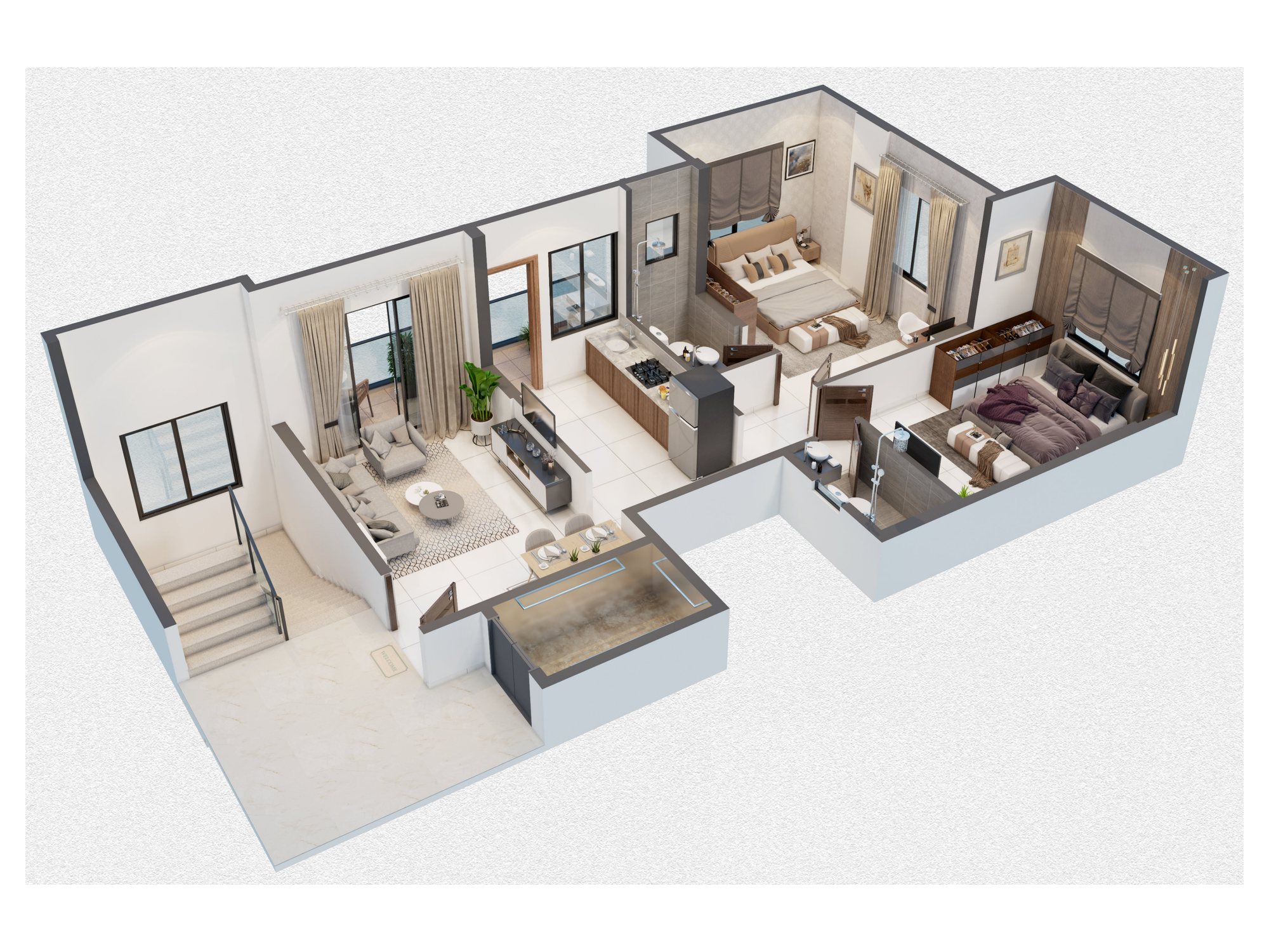 Furnished isometric view of a 2 BHK home at Shivalik Sagar, with living room, kitchen, two bedrooms, two toilets and a balcony, as printed in the brochure