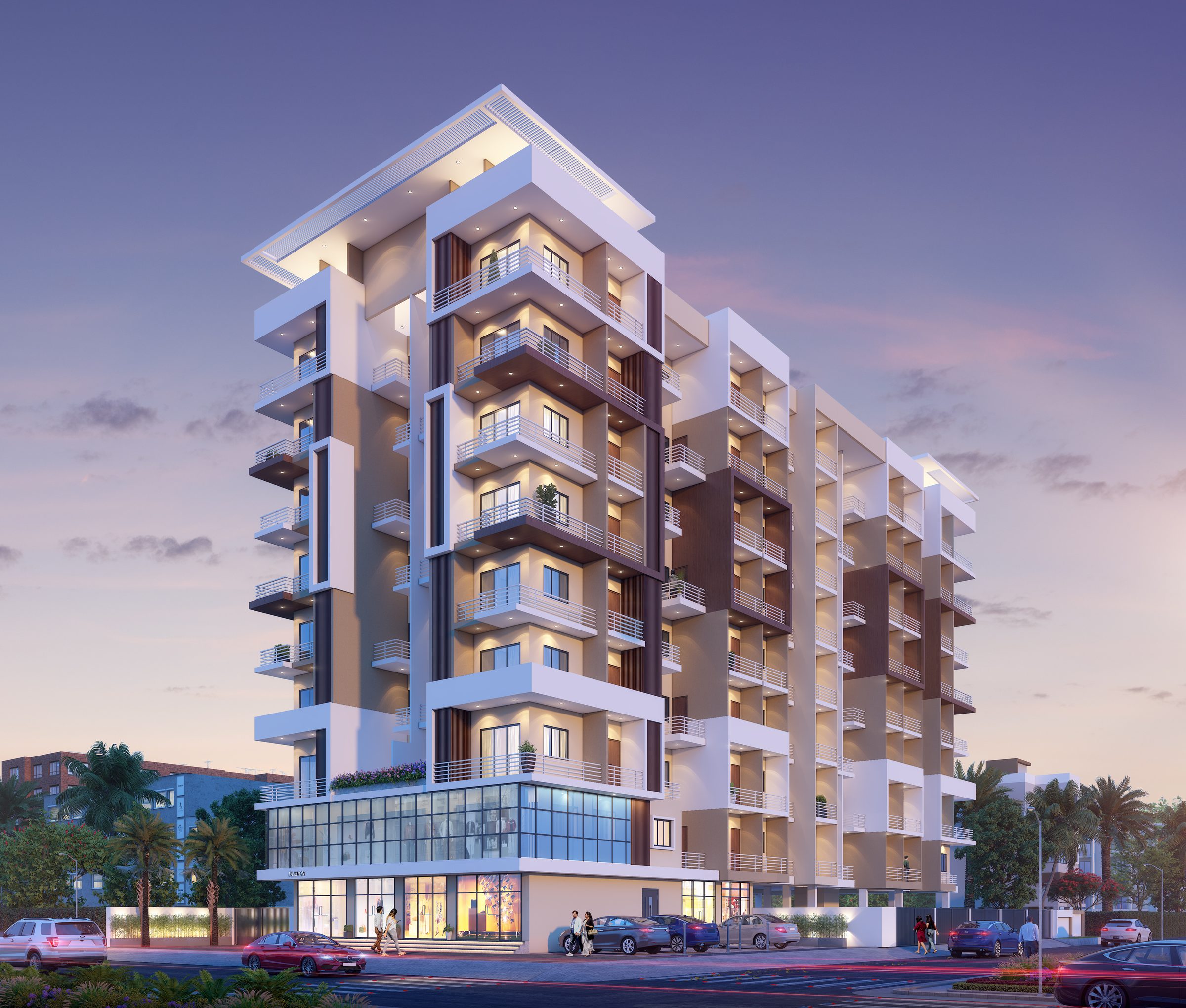 Shivalik Sankalp at dusk on a street corner: a tall white, beige and brown residential block with balconies above a glazed first floor and a row of shops, architect's render