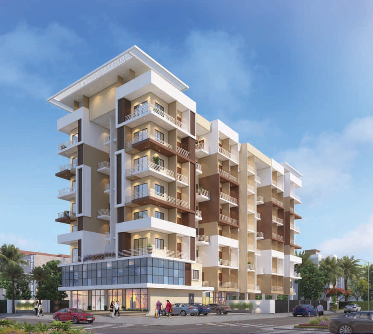 Shivalik Sankalp by day on a street corner: cream, brown and white residential floors with balconies above a glazed first floor and a row of shops, architect's render