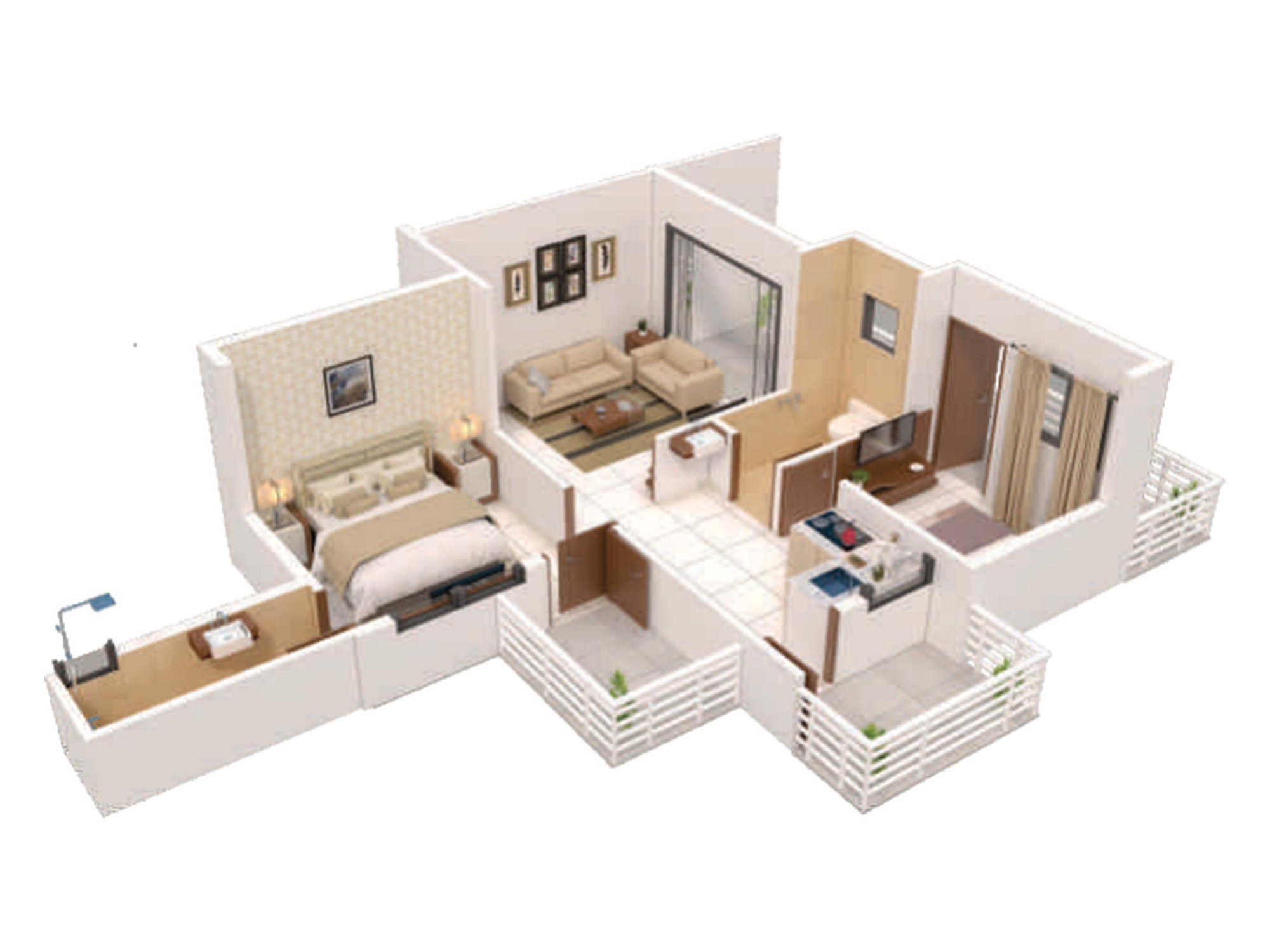Isometric view labelled 1 BHK in the Shivalik Sankalp brochure, showing a bedroom, a living room, a kitchen, a second furnished room and balconies