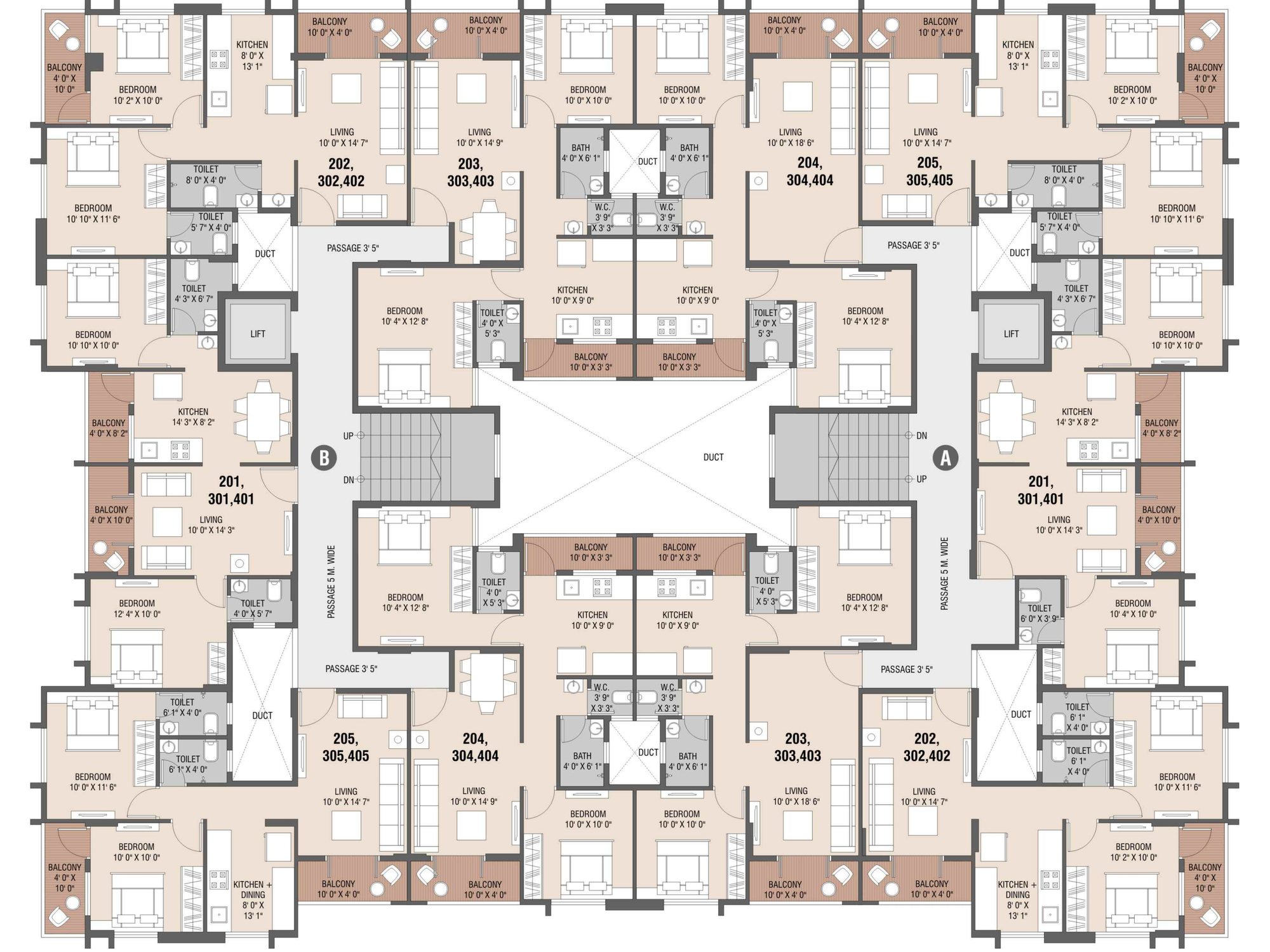 Typical floor plan of wings A and B of Shivalik Sankul, five 2 BHK flats per wing around a central duct, with room sizes