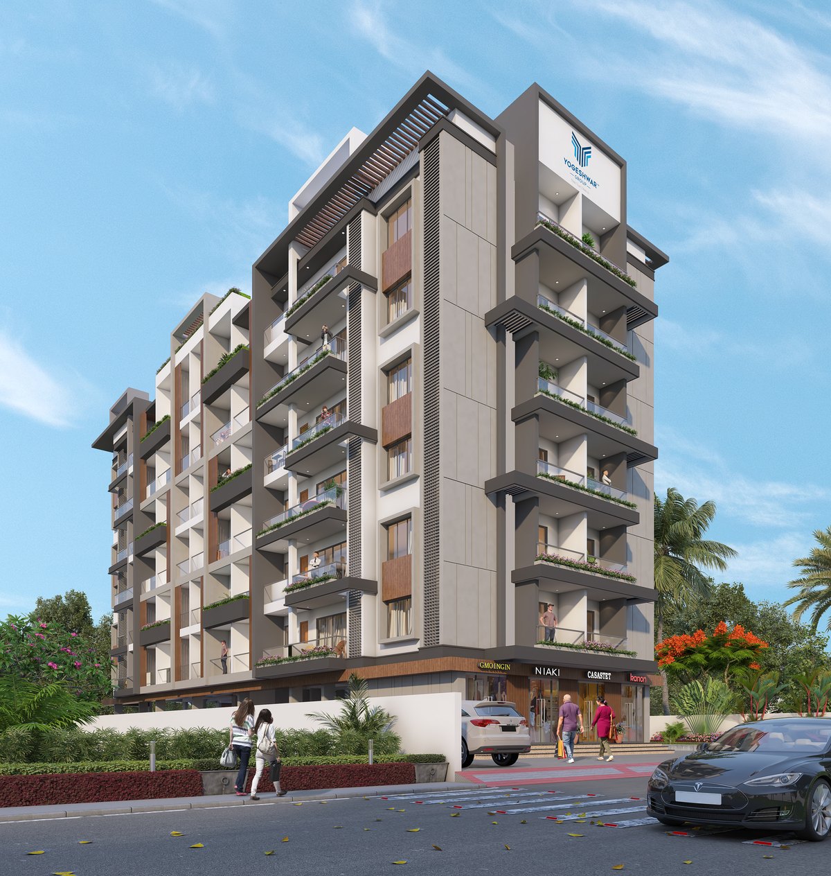 Shivalik Sanskruti by day under a blue sky: a grey and white residential tower with planted balconies, timber accents and a Shivalik Sanskruti sign at the top, above a row of shops, architect's render