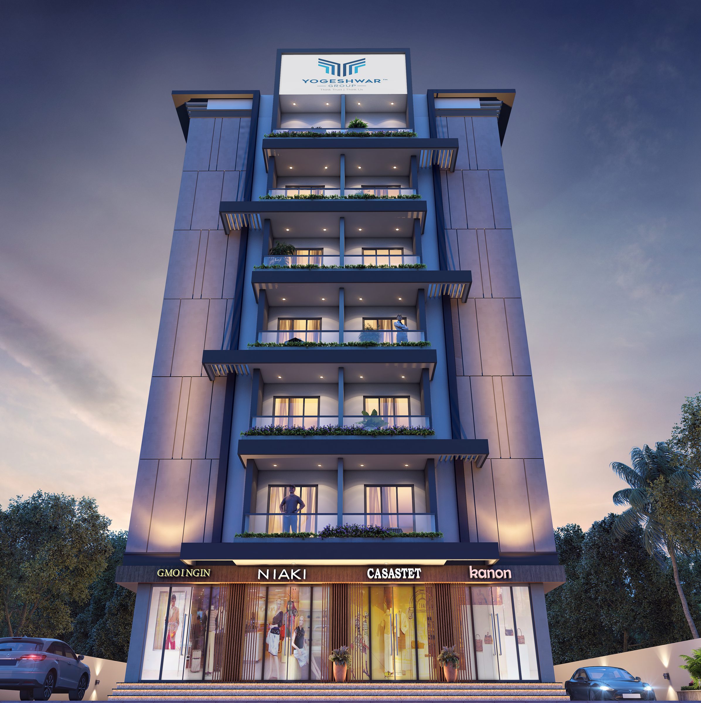Shivalik Sanskruti at dusk, seen head-on: a slim blue-grey glazed tower with stacked balconies and a Yogeshwar Group sign at the top, above a double-height row of shops, architect's render