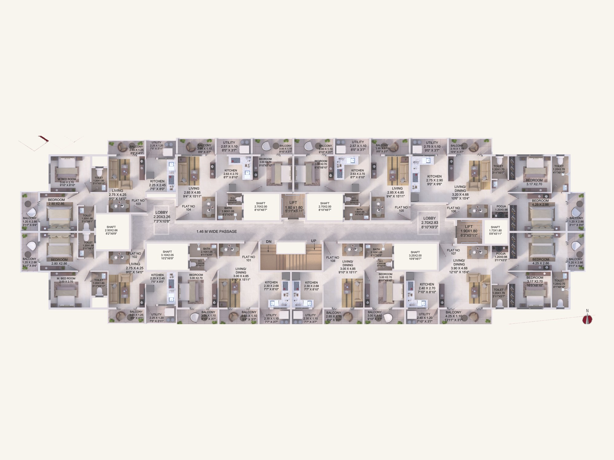 Typical floor plan of Shivalik Sanskruti: eight furnished homes numbered 101 to 108 along a 1.46 m wide passage, with two lifts, a staircase and two lobbies