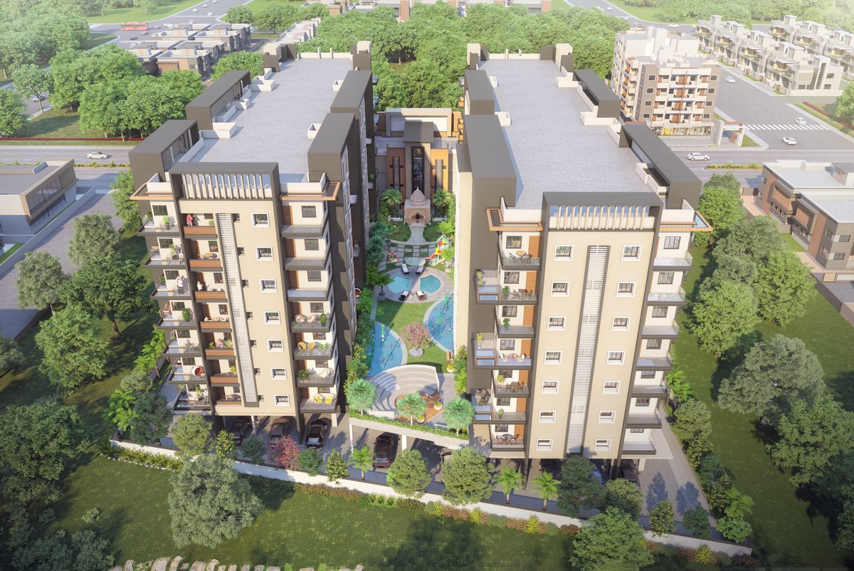 Aerial view of Shivalik Shivanta's two wings with the landscaped courtyard between them, architect's render