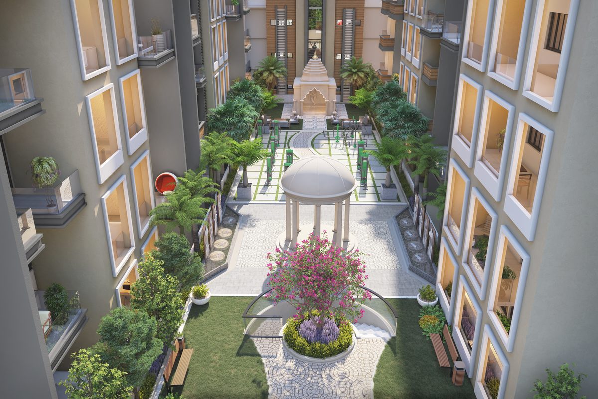 Landscaped courtyard between the wings of Shivalik Shivanta, with a gazebo and the temple at the far end, architect's render