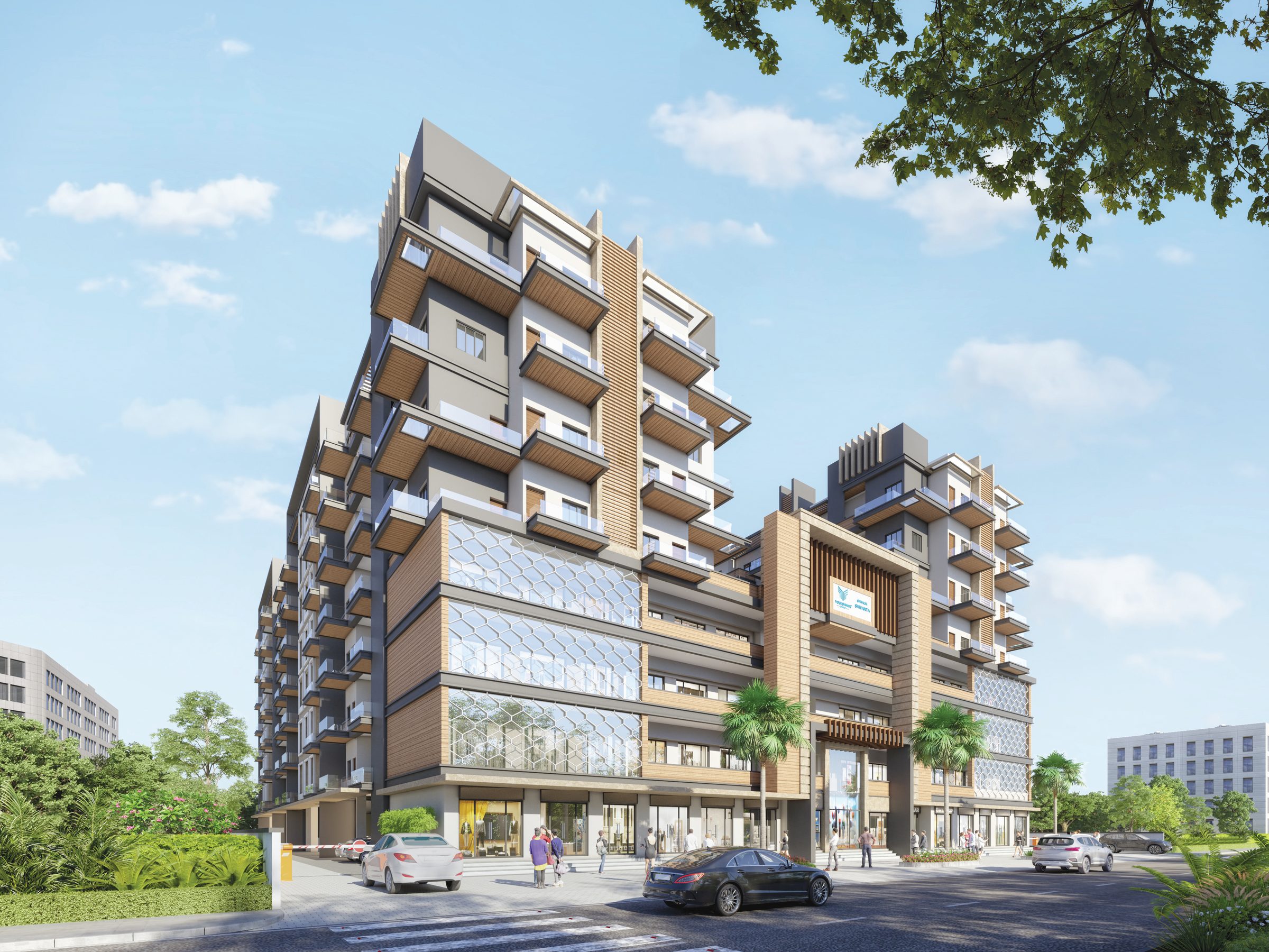 Shivalik Shivanta seen from the street corner, residential floors above a glazed commercial podium, architect's render