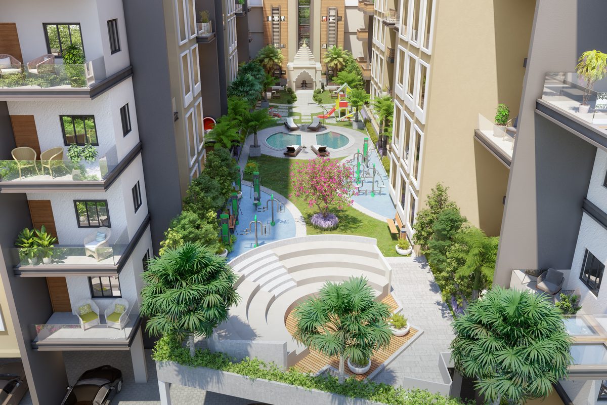 Podium garden at Shivalik Shivanta seen from above, with seating steps, water features and a play area, architect's render