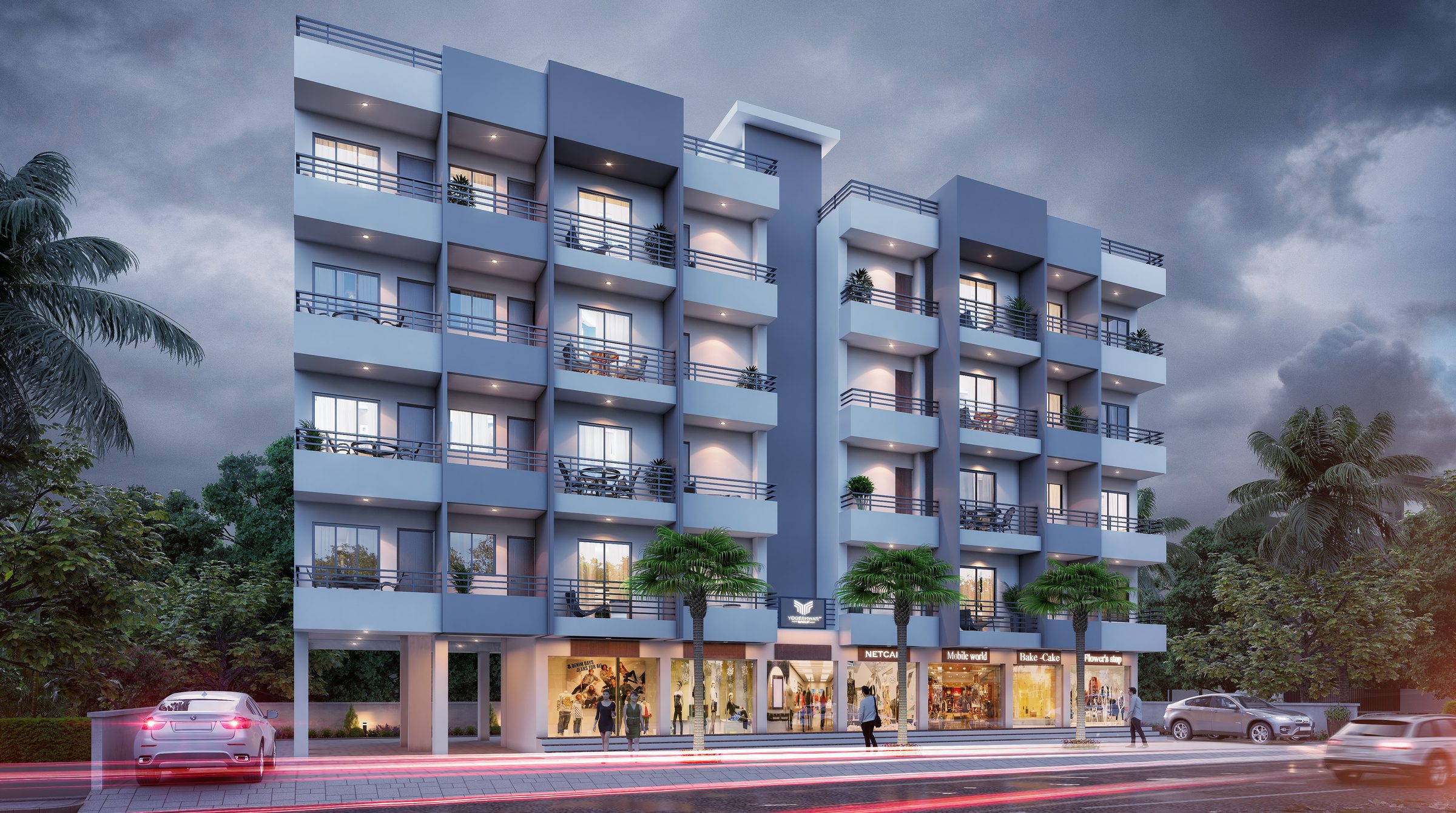 Shivalik Shraddha at dusk: blue-grey residential floors with lit balconies above a row of shops, architect's render