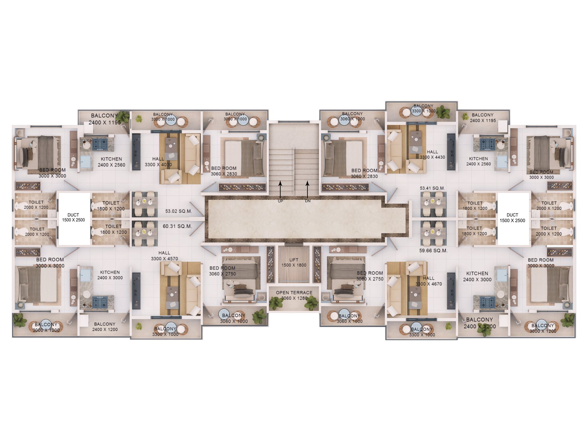 Typical floor plan of Shivalik Shraddha, four 2 BHK flats around a central stair and lift, each with hall, kitchen, two bedrooms, two toilets and balconies
