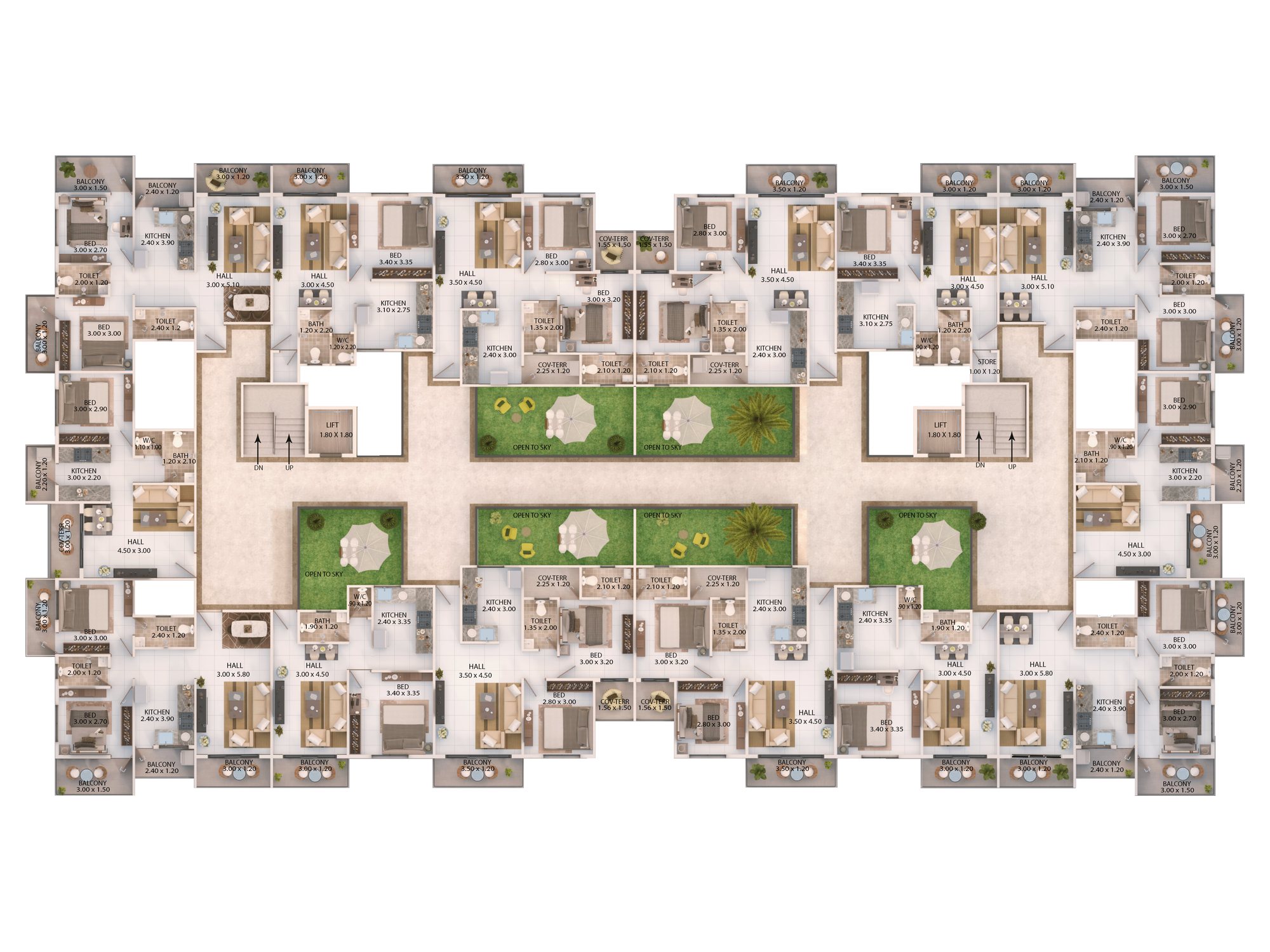 Typical 3rd to 7th floor plan of Shivalik Siddhi, with homes around two stair and lift cores and open-to-sky courts