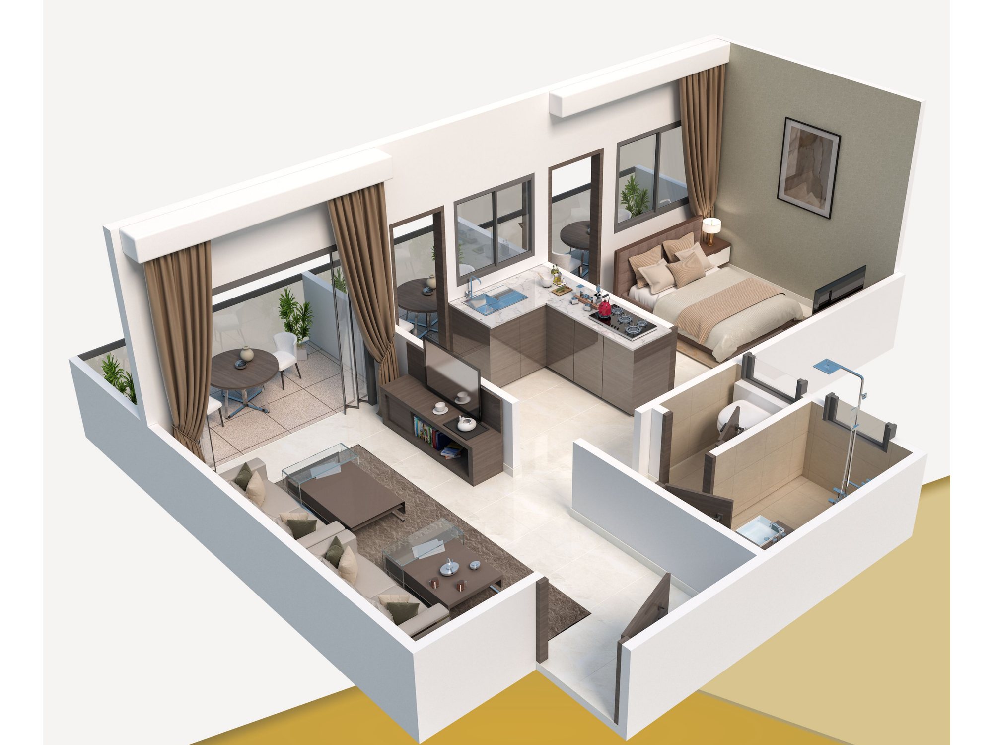 1 BHK isometric view of a Shivalik Sigma home with living room, balcony, kitchen, bedroom and bathroom, as printed in the brochure