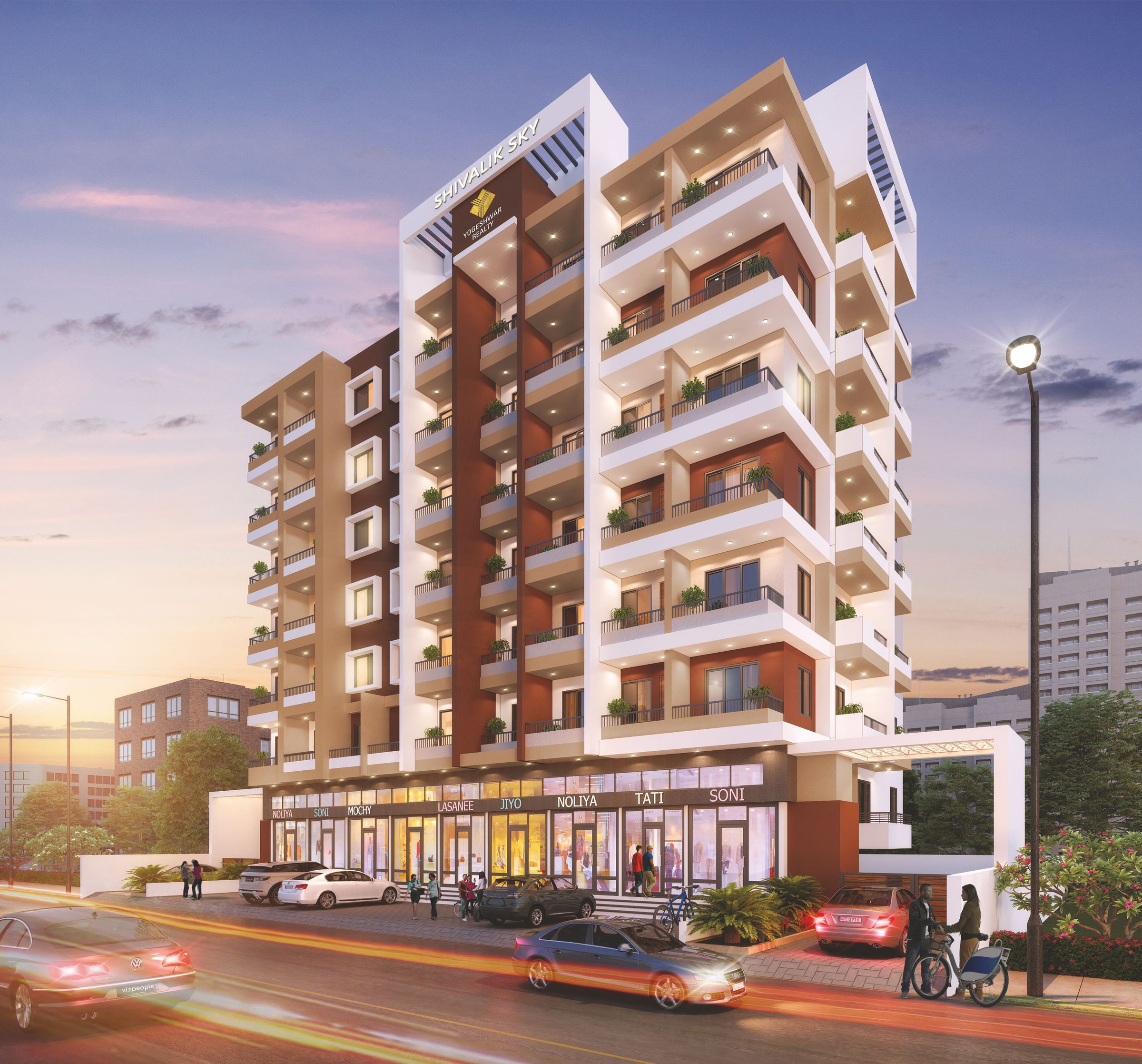 Shivalik Sky at dusk: a tall residential block in white and terracotta with stacked balconies and the Shivalik name at the top, above a long glazed row of shops on the main road, architect's render