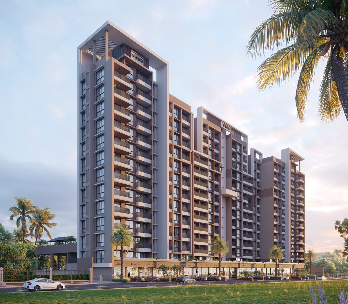 Shivalik Skygreen with A wing in front and the shop row along the road, architect's render