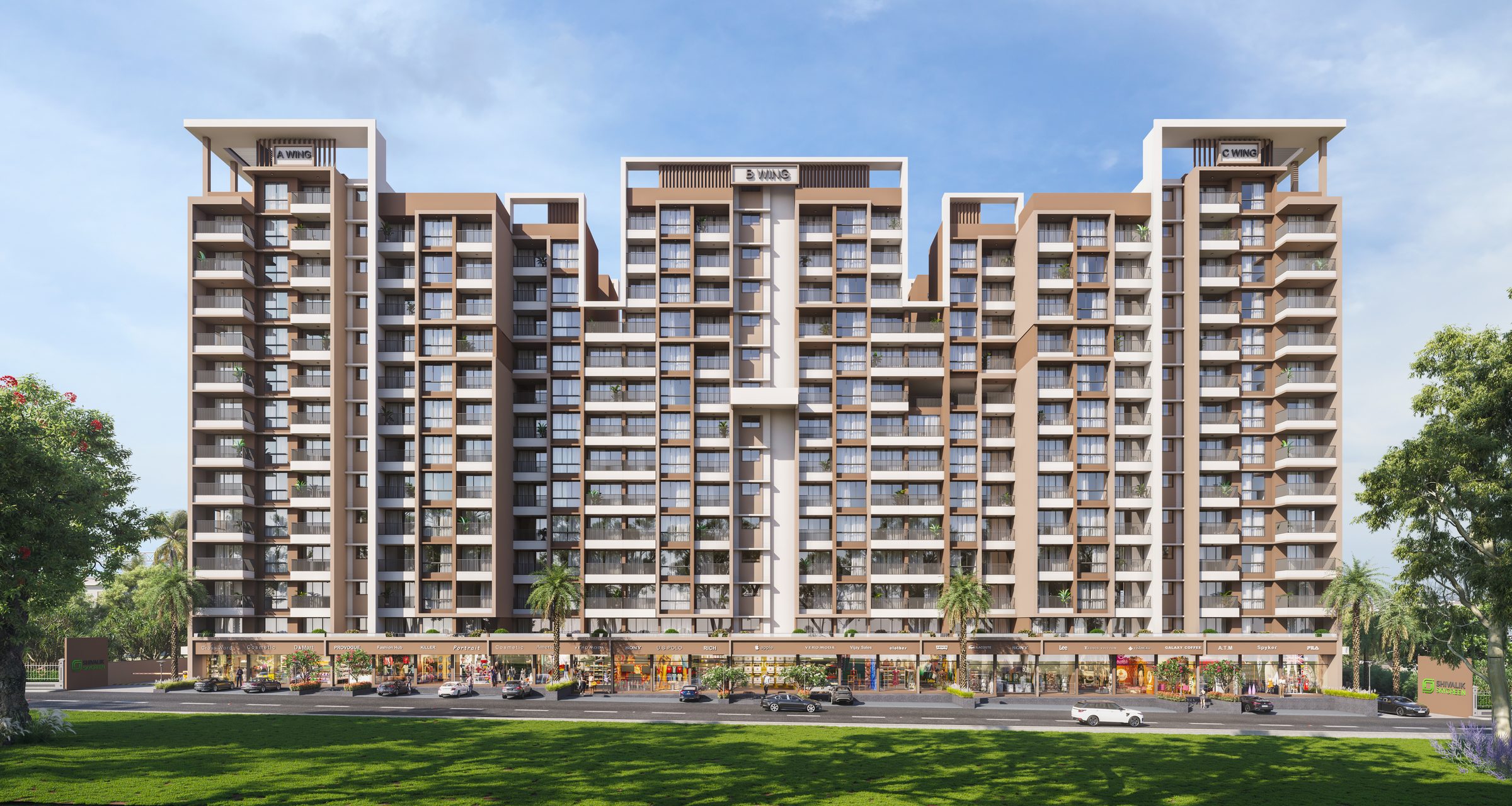 Front view of Shivalik Skygreen's A, B and C wings above the ground-floor shops, architect's render