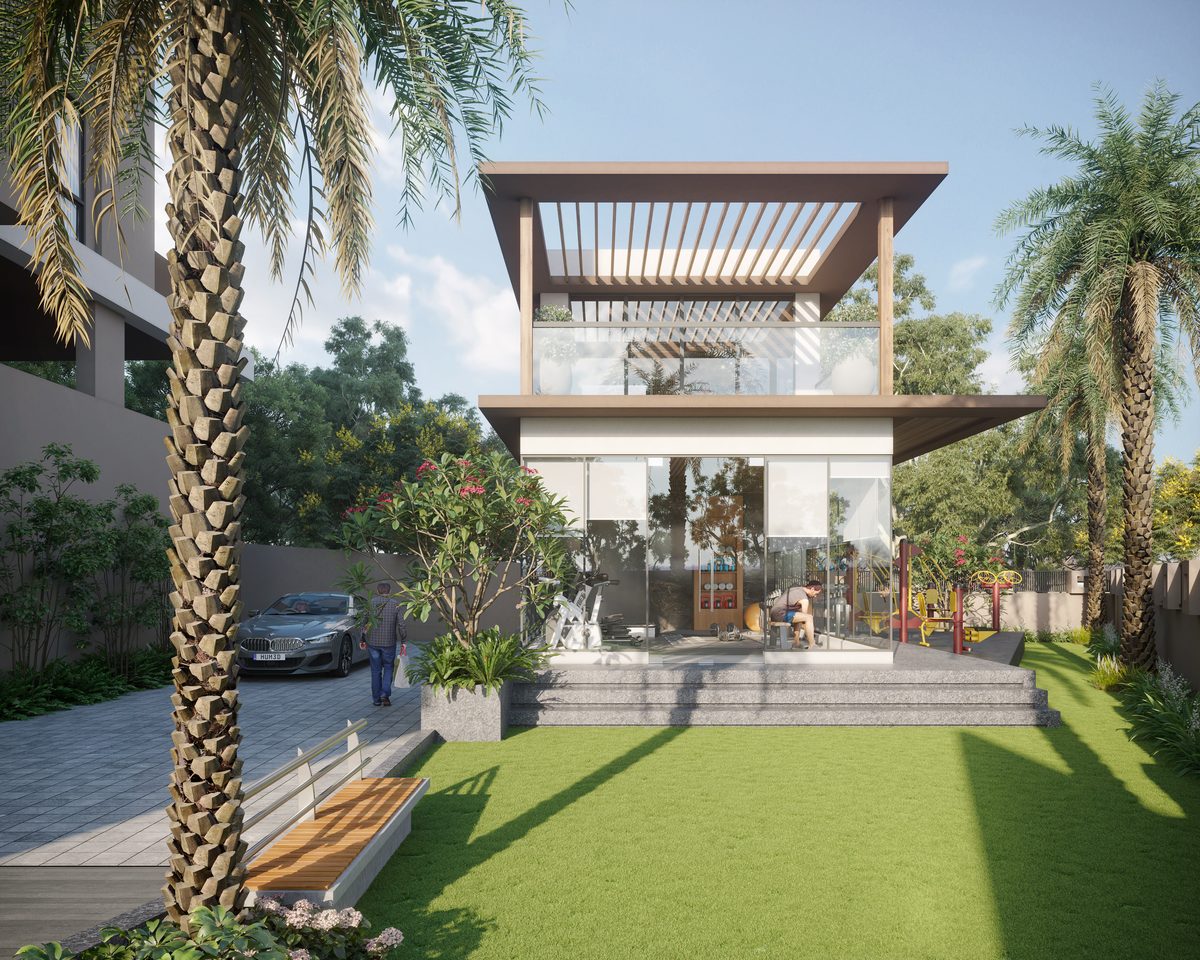 Glass-fronted gymnasium with a pergola above, outdoor gym equipment and garden lawn at Shivalik Skygreen, architect's render