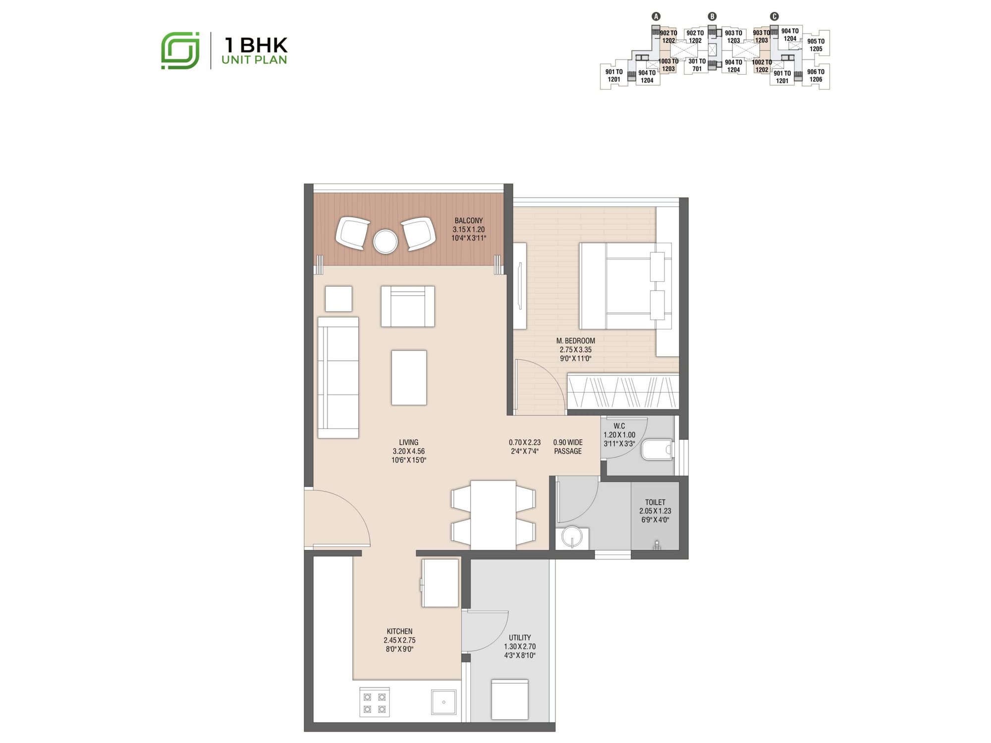 1 BHK unit plan of Shivalik Skygreen with room dimensions