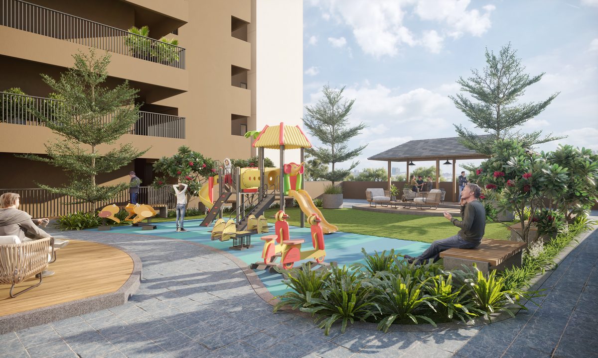Children's play area, lawn and pavilion at Shivalik Skygreen, architect's render