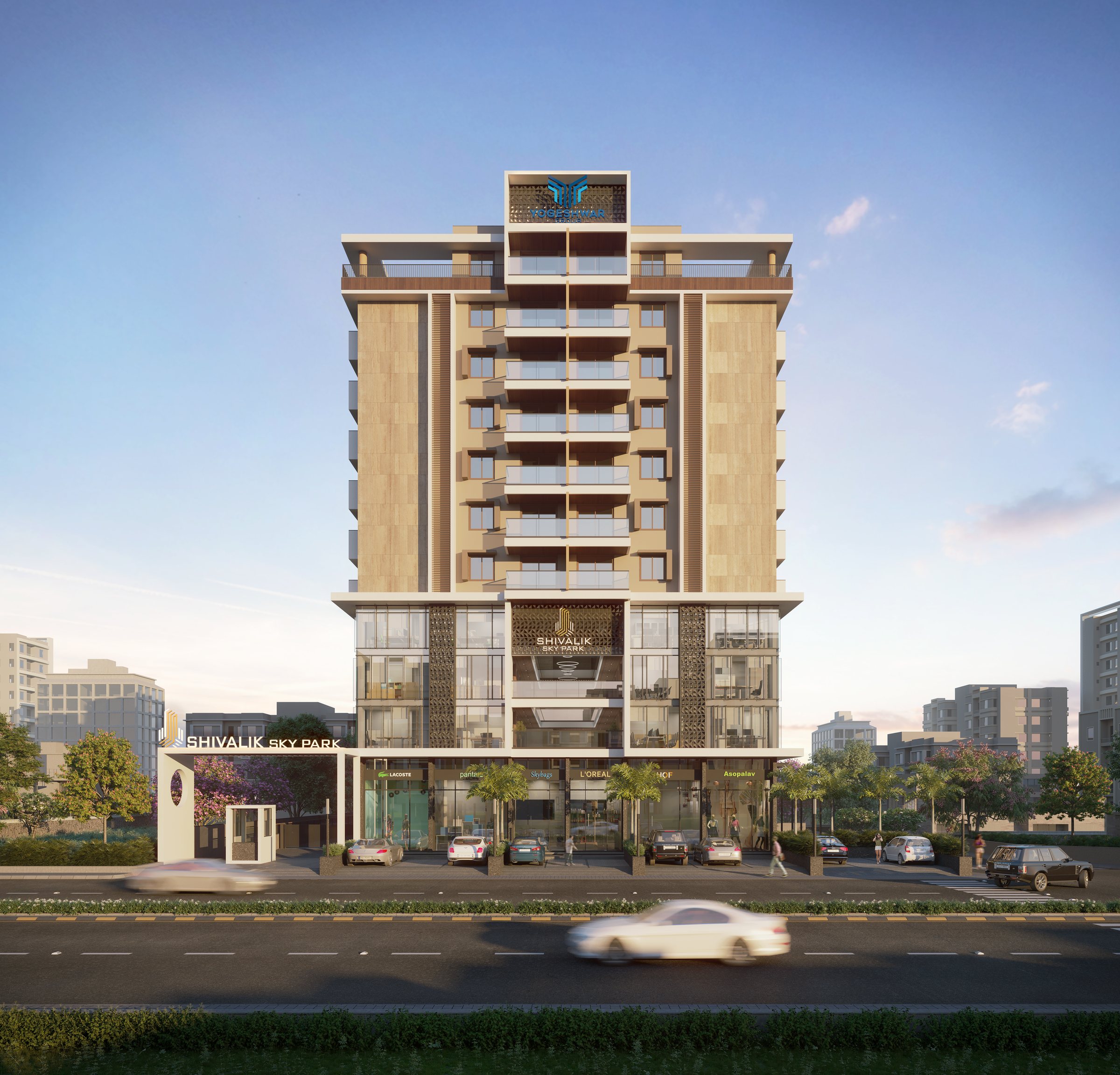 Shivalik Skypark seen from the road, shops at street level below the glazed office floors, architect's render