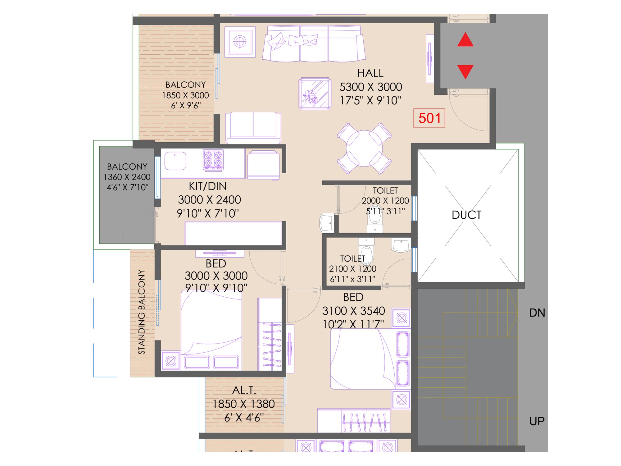 2 BHK type 1 unit plan of Shivalik Skypark, from the typical floor plan, with room sizes