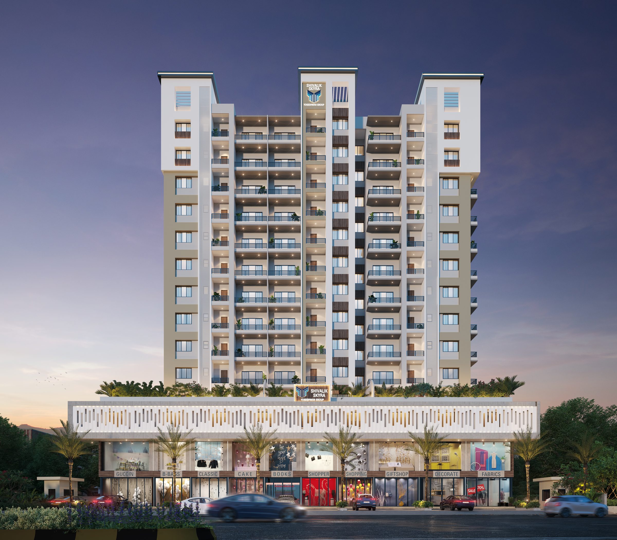 Shivalik Skyraa, front elevation at dusk with the shop podium, architect's render