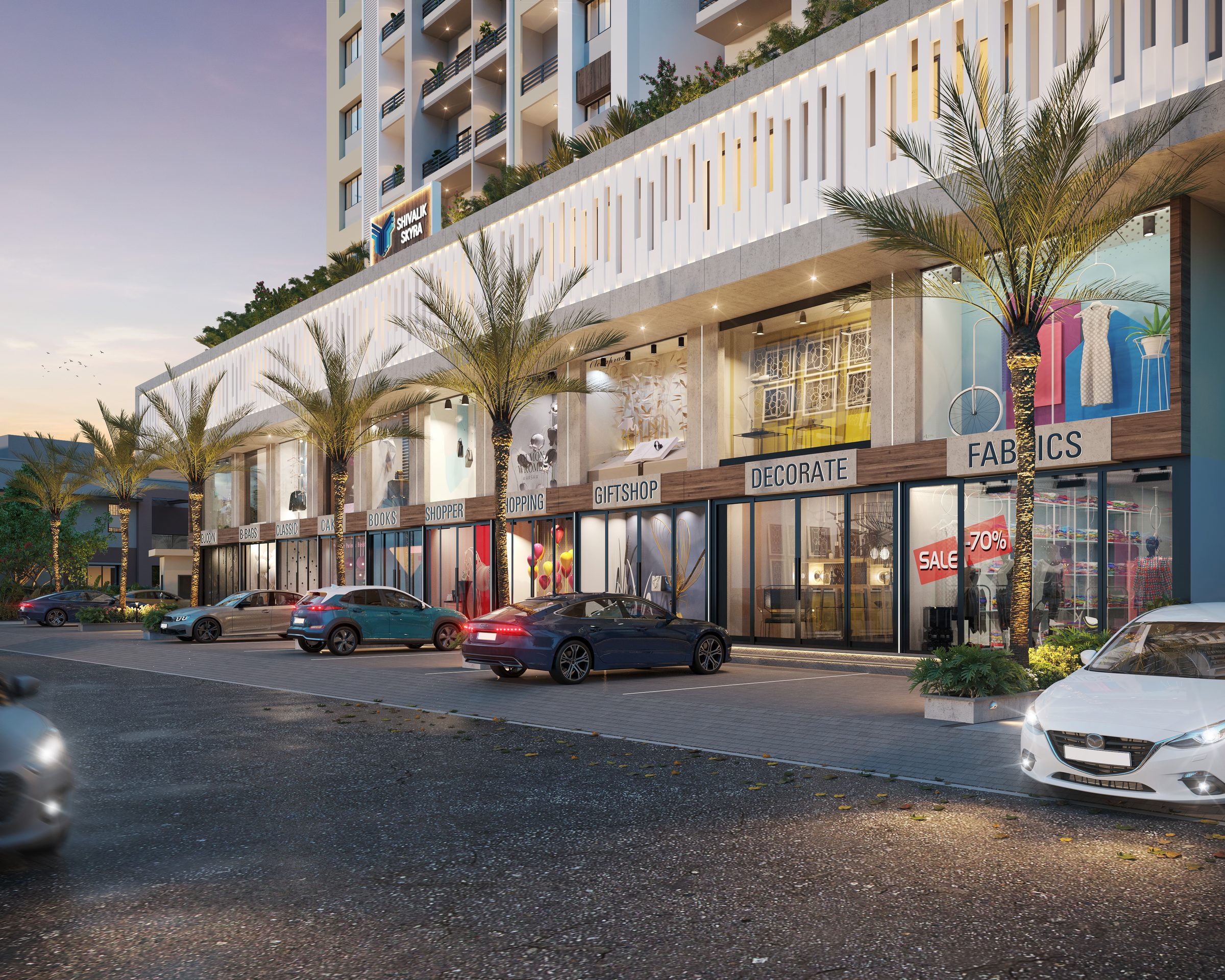 The front shops of Shivalik Skyraa at dusk, architect's render