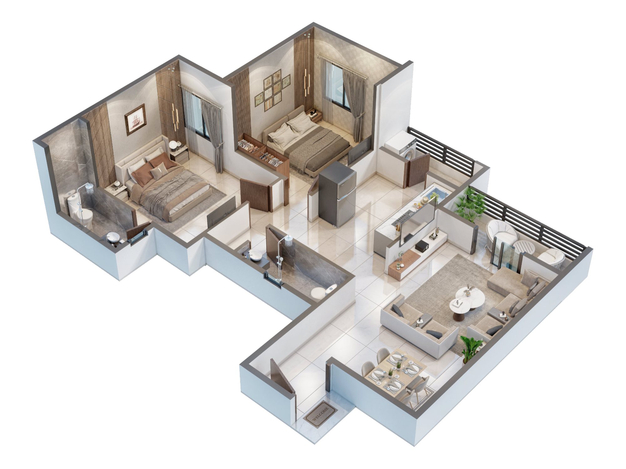 2 BHK isometric view of a Shivalik Skyraa home
