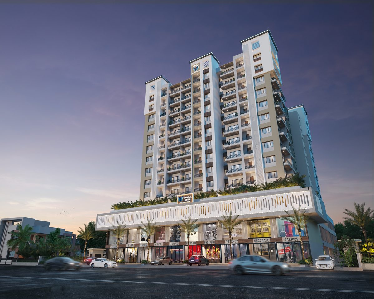 Shivalik Skyraa seen from the right side at dusk, architect's render