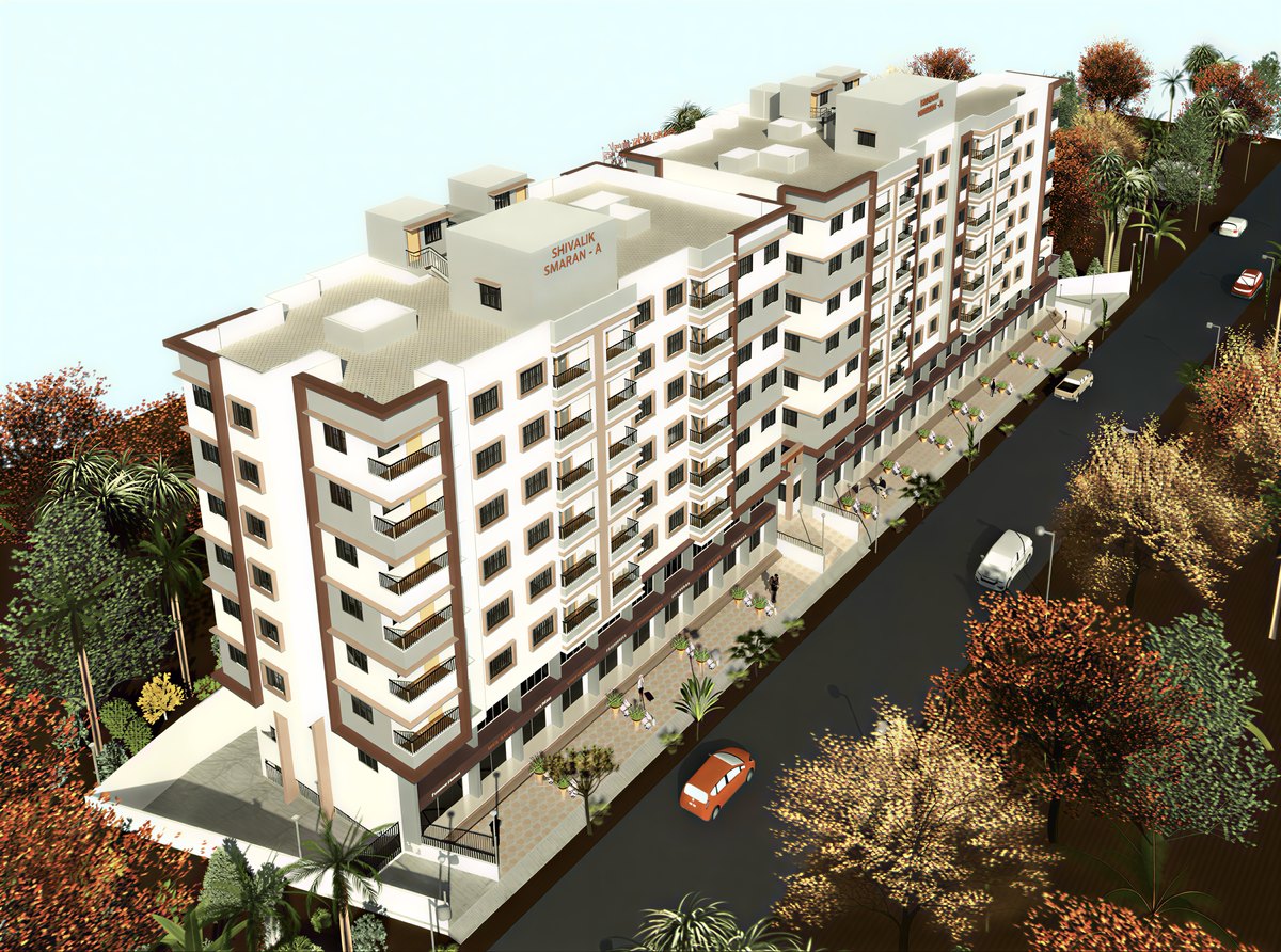Shivalik Smaran from above, its two wings along the road, architect's render