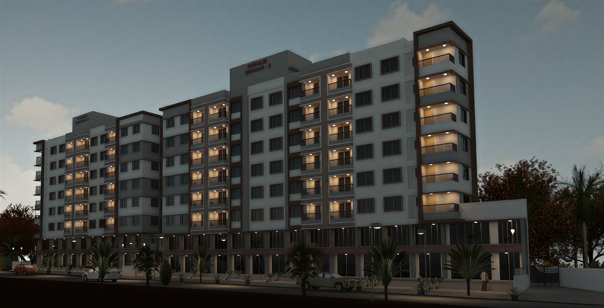 Shivalik Smaran's two wings lit at dusk, architect's render