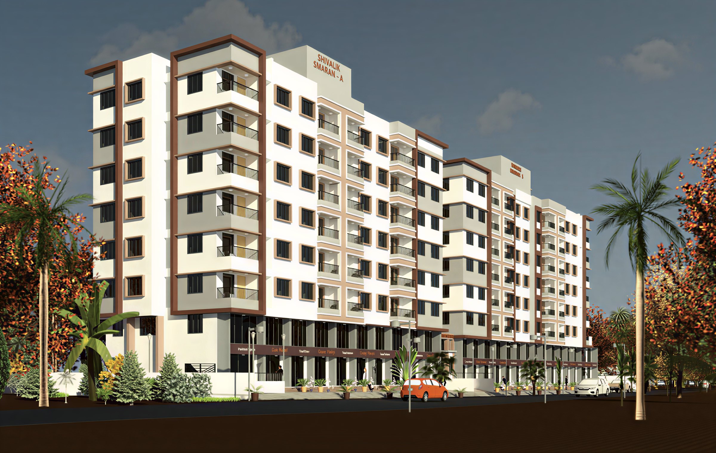 Shivalik Smaran, both wings seen from the street with shops along the ground floor, architect's render