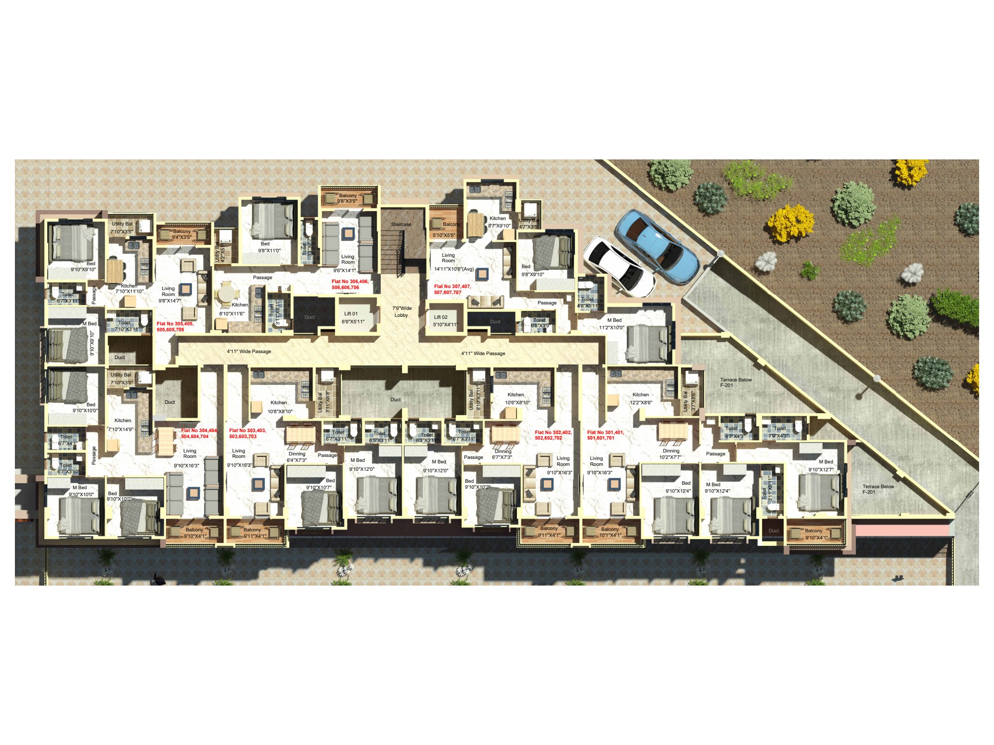 Third to seventh floor plan of the B wing of Shivalik Smaran: seven furnished homes, numbered 01 to 07 on each floor, either side of a passage with two lifts and a staircase, with room sizes