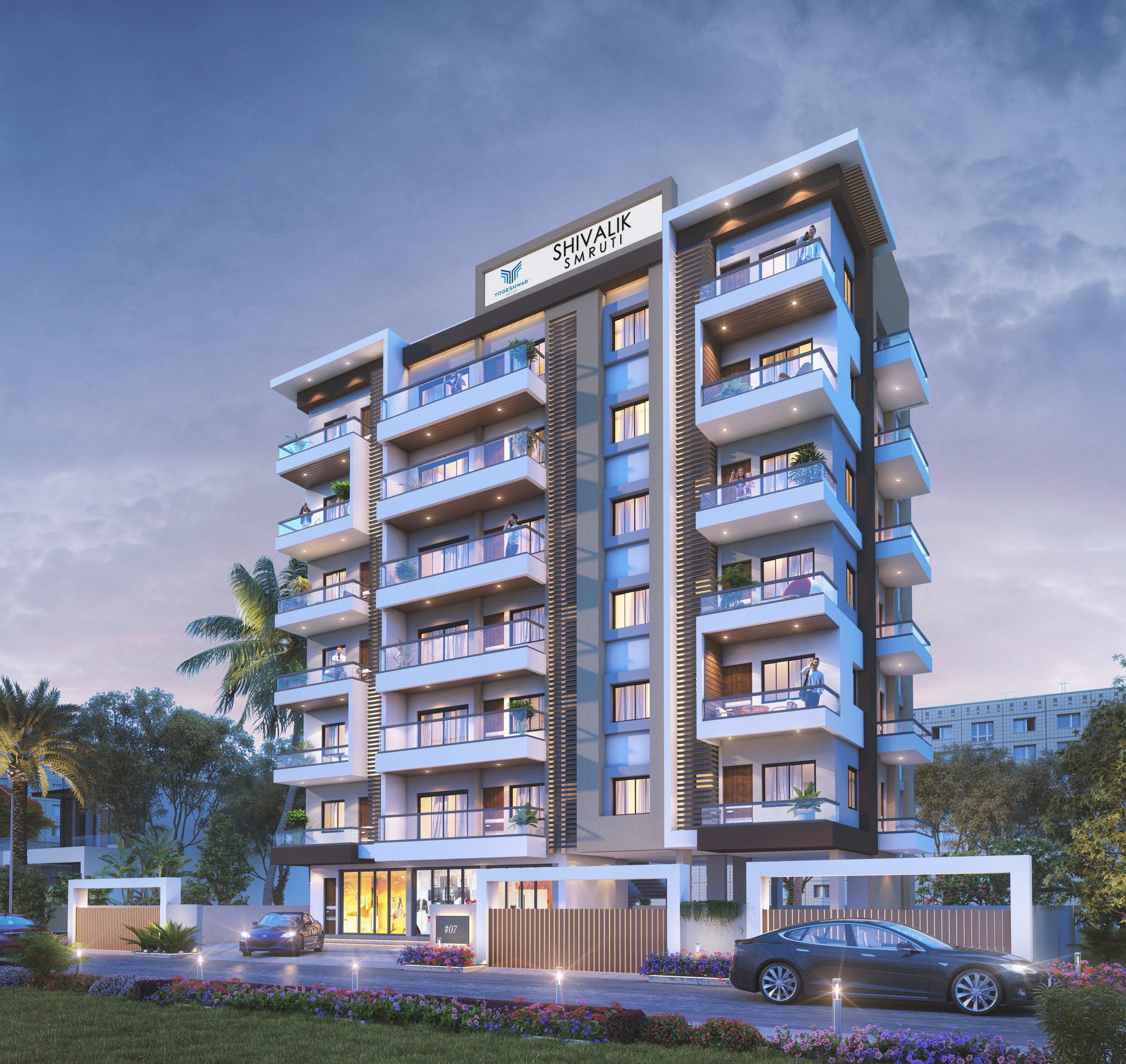 Shivalik Smruti at dusk: a white and blue residential block with wide glass-railed balconies and the Shivalik Smruti name at the top, behind a gated front and landscaped verge, architect's render